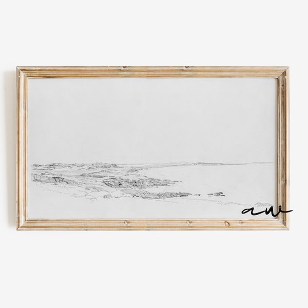 Frame TV Art Coastal Black and White Landscape Drawing