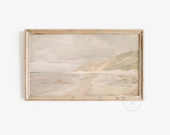 Frame TV Art Summer, Neutral Coastal Landscape Watercolor Painting, Muted Minimalist Beach Print