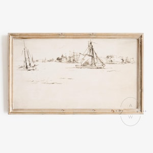 Frame TV Art Nautical Vintage Sailboats, Neutral Coastal Drawing