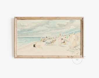 Frame TV Art Beach Retro Watercolor, People at the Beach Vintage Painting