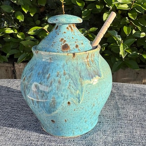 May include: A turquoise ceramic jar with a lid and a wooden spoon. The jar has a speckled glaze with brown accents. The jar is sitting on a grey surface with green foliage in the background.