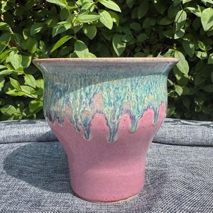 Handmade Ceramic Vase, Wheel Thrown, Pink and Green