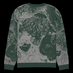K&ouml;nnte beinhalten: Gr&uuml;ner und grauer Rundhals-Pullover mit Quallen-Design. Der Pullover hat einen dunkelgr&uuml;nen Kragen, B&uuml;ndchen und Saum. Das Quallenmuster ist in dunklerem Gr&uuml;n mit grauem Hintergrund.