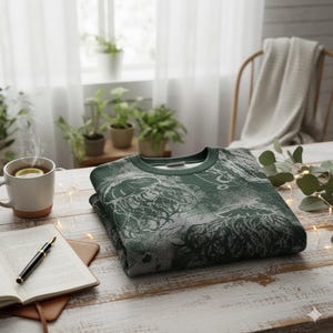 K&ouml;nnte beinhalten: Ein gefalteter gr&uuml;ner Pullover mit wei&szlig;em Muster liegt auf einem Holztisch. Eine Tasse Tee mit Zitrone, ein Notizbuch und ein Stift befinden sich ebenfalls auf dem Tisch. Die Szene spielt in einem hellen Raum mit Pflanzen.
