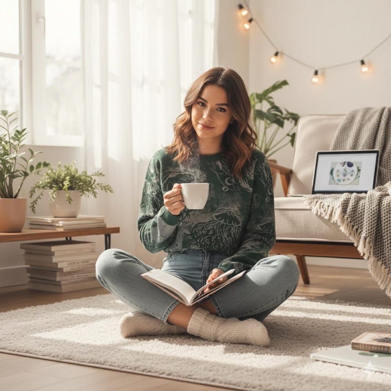 K&ouml;nnte beinhalten: Eine Person in einem gr&uuml;nen Pullover mit Muster und hellblauen Jeans sitzt im Schneidersitz auf einem Teppich und h&auml;lt eine wei&szlig;e Tasse und ein Buch. Ein Laptop mit einem Bild steht auf einem Stuhl. Der Raum hat Pflanzen, ein Fenster und Lichterketten.