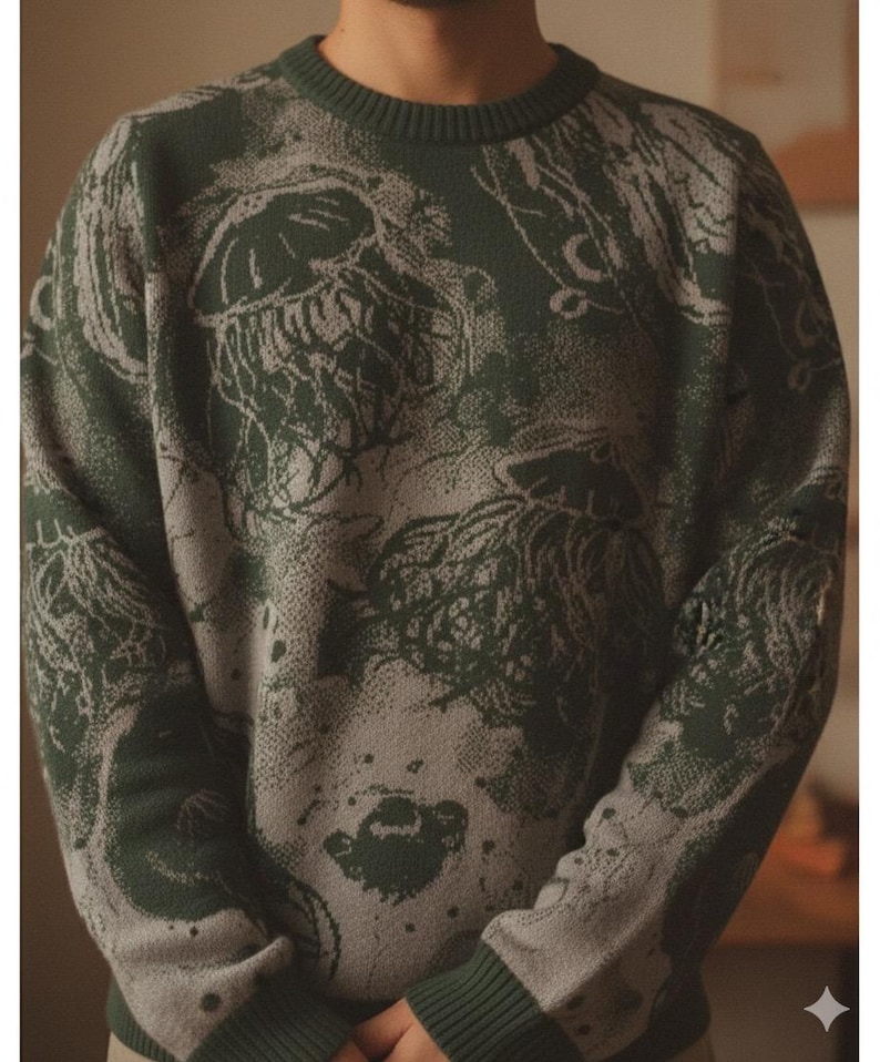 K&ouml;nnte beinhalten: Gr&uuml;ner und grauer Rundhals-Pullover mit einem einzigartigen Muster. Der Pullover hat eine dunkelgr&uuml;ne Grundfarbe mit einem hellgrauen, abstrakten Design. Die B&uuml;ndchen und der Halsausschnitt sind einfarbig dunkelgr&uuml;n. Der Pullover ist aus weichem Strickmaterial.