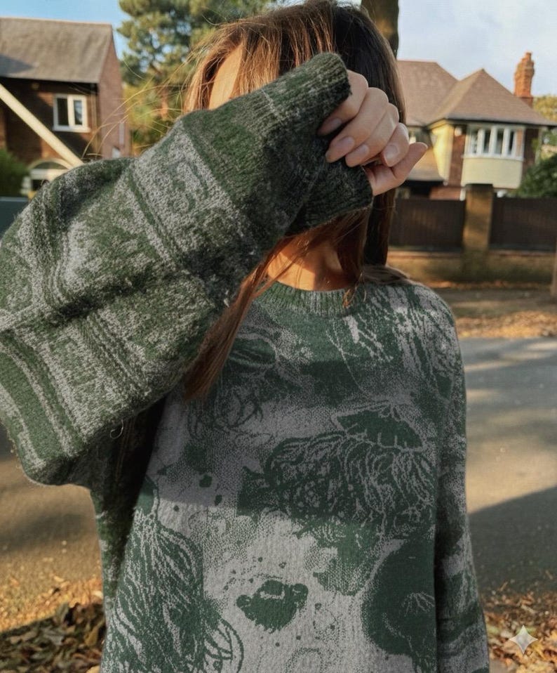 K&ouml;nnte beinhalten: Ein gr&uuml;n-grau gemusterter Pullover. Der Pullover hat einen Rundhalsausschnitt und lange &Auml;rmel. Das Muster scheint ein florales Design zu sein. Der Pullover ist aus einem weichen, gestrickten Material gefertigt. Die &Auml;rmel sind hochgezogen, um die Hand zu bedecken.