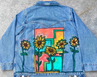 Hand-Painted Sunflower Denim Jacket – One-of-a-Kind Wearable Art