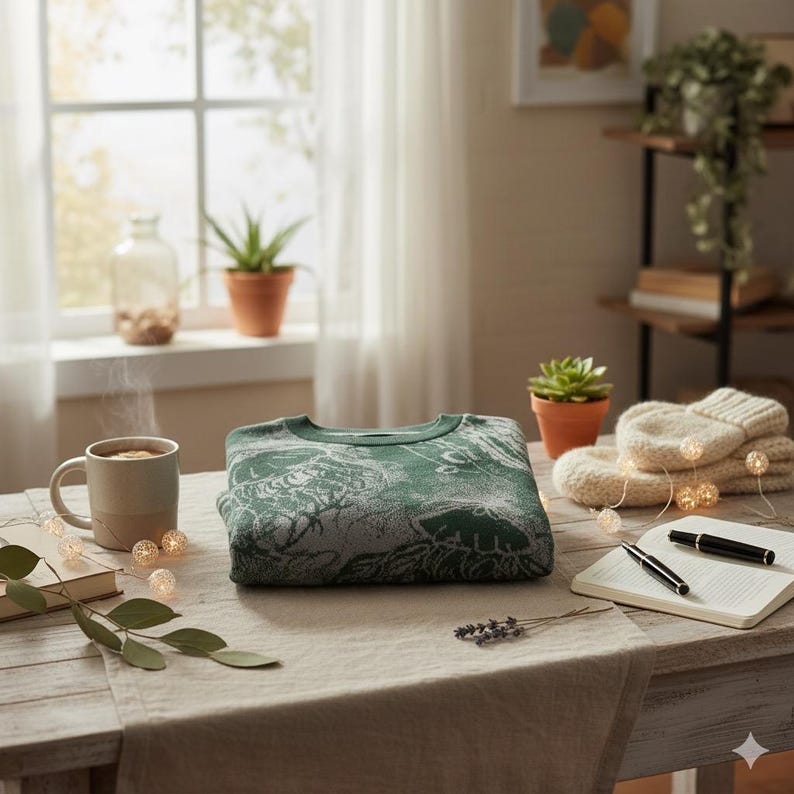 K&ouml;nnte beinhalten: Ein gefalteter gr&uuml;ner Pullover mit wei&szlig;em Muster liegt auf einem Holztisch. Eine Tasse Tee, ein Notizbuch und Stifte befinden sich in der N&auml;he. Die Szene umfasst Pflanzen, ein Fenster und Lichterketten, die eine gem&uuml;tliche Atmosph&auml;re schaffen.