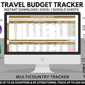May include: A computer screen displaying a spreadsheet with the title "Multi-Country Budget Tracker". The spreadsheet is designed to help track travel expenses for multiple countries and cities. The spreadsheet includes columns for budget, actual spending, and currency. The spreadsheet is available for download in Excel and Google Sheets formats.