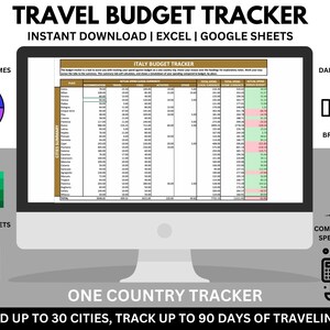 May include: A computer screen displaying a spreadsheet for tracking travel expenses. The spreadsheet is titled "Italy Budget Tracker" and includes columns for place, accommodation, transportation, food, activities, other, total spend, home currency, and service budget. The spreadsheet is designed to help travellers track their spending and stay within their budget. The image also includes icons for daily tracking, breakdown by cities, and comparing actual spend vs budget.