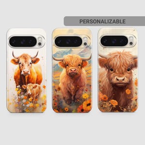 May include: Three phone cases with watercolor illustrations of Highland cows. The cases feature different cow portraits, surrounded by flowers and set against a backdrop of mountains. The word "PERSONALIZABLE" is printed on a gray bar above the cases.
