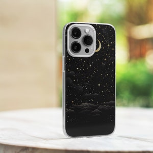 May include: A clear phone case with a black background and a gold crescent moon and stars design.