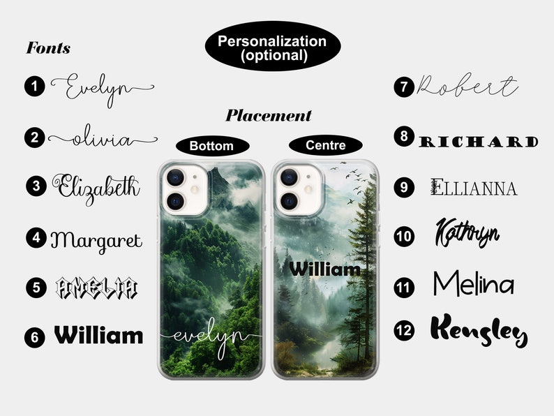 May include: Two clear phone cases with a misty forest scene. The case on the left has the name "evelyn" written in cursive at the bottom. The case on the right has the name "William" written in a sans-serif font in the center.  The cases are shown with different font options for personalization.