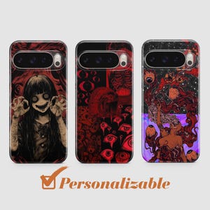 May include: Three phone cases with distinctive, dark art designs. The cases display a range of red and black illustrations, including a girl with unsettling eyes, a collage of eyes, and a cosmic figure. The word "Personalizable" is printed on the bottom.