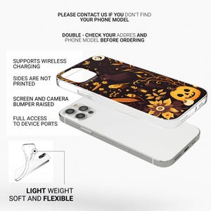 May include: A clear phone case with a black and yellow Halloween-themed design featuring pumpkins, leaves, and birds. The case is compatible with wireless charging and has a raised bumper to protect the screen and camera.