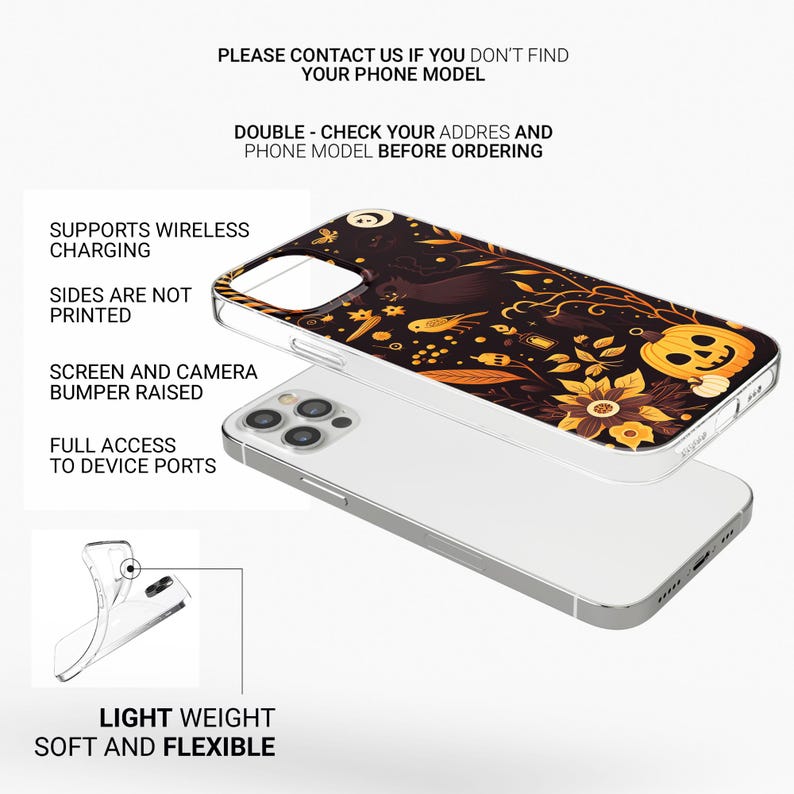May include: A clear phone case with a black and yellow Halloween-themed design featuring pumpkins, leaves, and birds. The case is compatible with wireless charging and has a raised bumper to protect the screen and camera.