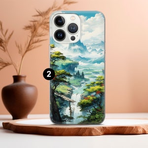 a phone case with a painting of a waterfall
