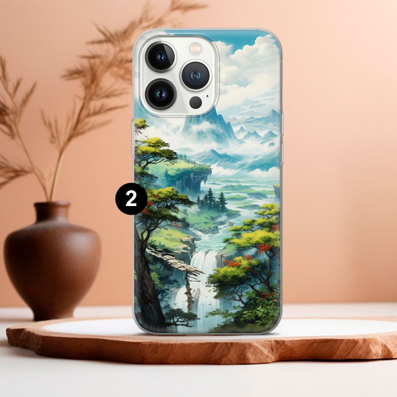 a phone case with a painting of a waterfall