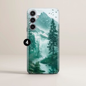 May include: A phone case with a green and blue mountain scene with a river and trees. The case has a clear background and a camera cutout.
