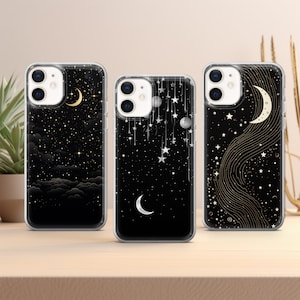 Coque de portable lune, étoiles célestes, pour iPhone 16 15 14 13 12 11 Pro Max Xr 7 8, Samsung S25 S24 S23 FE A16 A15 Note 20, Pixel 9 8