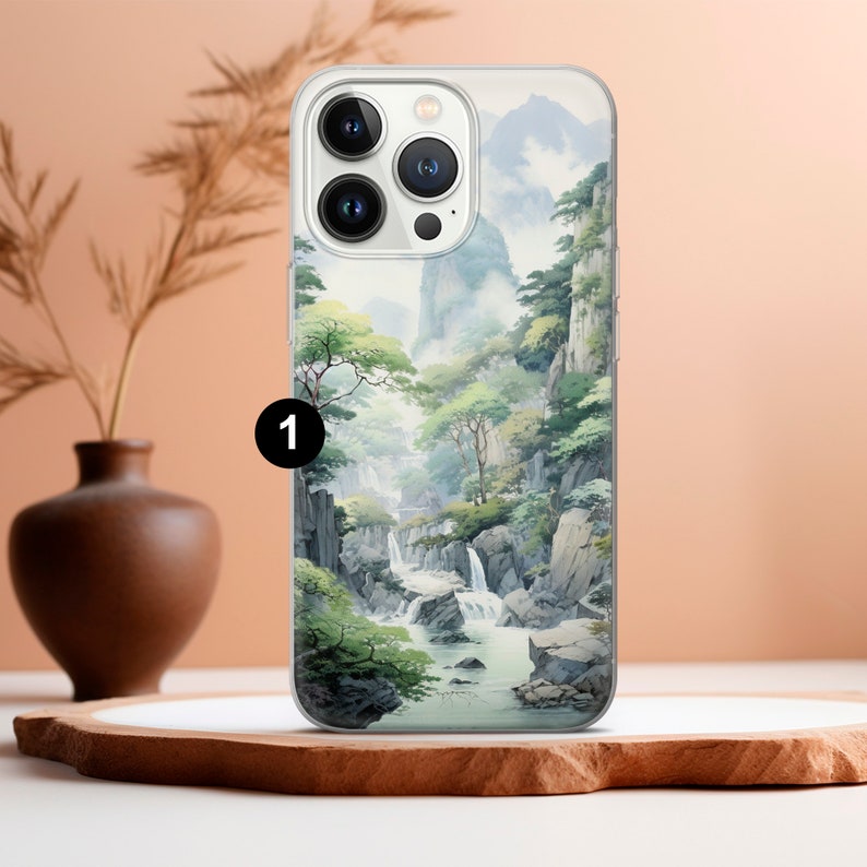 a phone case with a painting of a waterfall