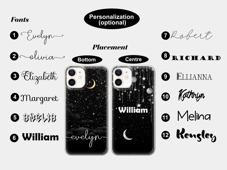 Puede incluir: Dos fundas transparentes para tel&eacute;fono con fondo negro y purpurina dorada. Una funda tiene una luna creciente y nubes, la otra tiene una luna creciente y estrellas. El texto "William" est&aacute; impreso en la funda con estrellas. El texto "evelyn" est&aacute; impreso en la funda con nubes.