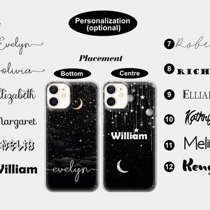 May include: Two clear phone cases with a black background and gold glitter. One case has a crescent moon and clouds, the other has stars and a hanging crescent moon. The text "William" is printed on the case with the stars. The text "evelyn" is printed on the case with the moon and clouds.