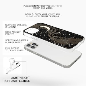 May include: A clear phone case with a black background and a gold design of a crescent moon and stars. The case is compatible with wireless charging and has a raised bumper to protect the screen and camera.
