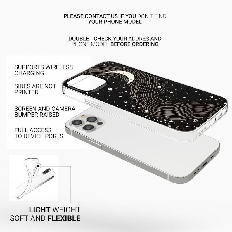 May include: A clear phone case with a black background and a gold design of a crescent moon and stars. The case is compatible with wireless charging and has a raised bumper to protect the screen and camera.