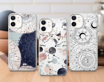 Custodia per telefono con astrologia e zodiaco, adatta per iPhone 17 16 15 14 13 12 Pro Max Xr 7 8 Plus, Samsung S25 S24 S23 FE A17 A16 Note 20, Pixel 10 7A