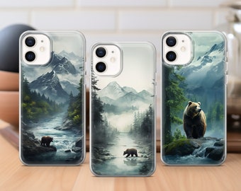 Bear Phone Case Mountains River Forest cover fit for iPhone 15 14 13 12 11 Pro Max Xr 7 8, Samsung S24 S23 S22 FE A14 A15 Note 20, Pixel 7