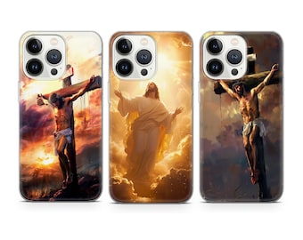 May include: Three iPhone cases with different religious imagery. The first case features a depiction of Jesus Christ ascending to heaven. The second case shows a man on a cross. The third case shows a man on a cross with a golden halo.