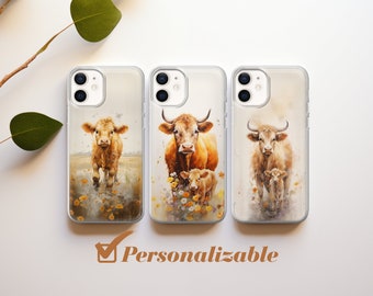 May include: Clear phone cases with watercolor cow designs. One case features a single cow, while the others show a cow with a calf. The cases have a "Personalizable" text.