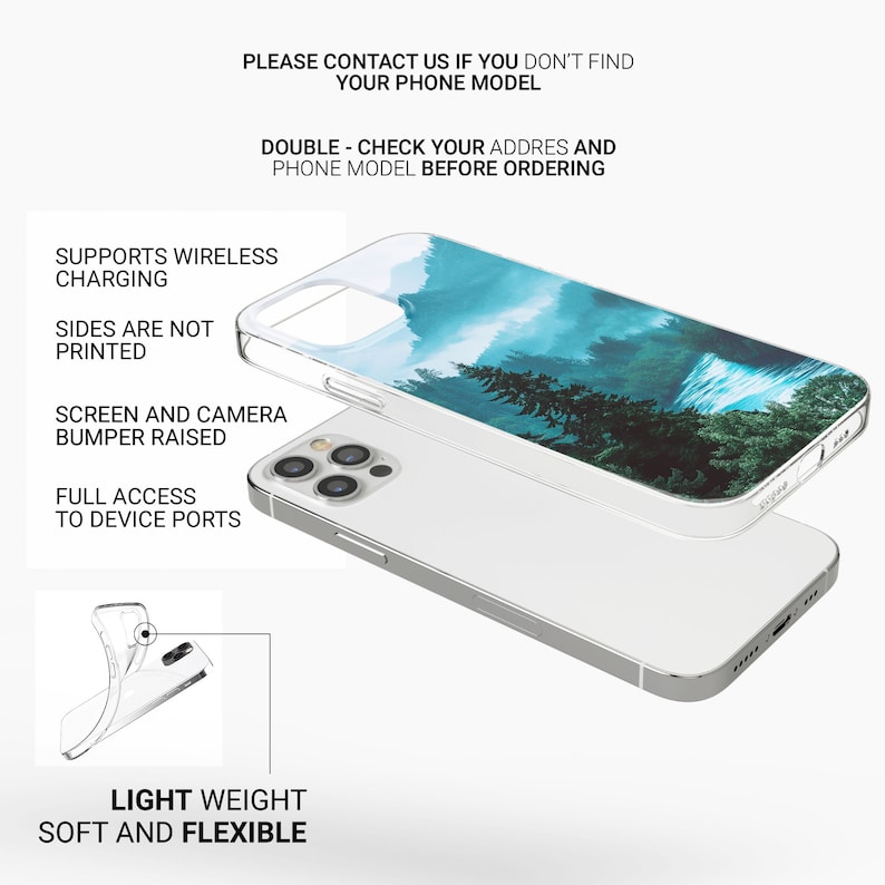 May include: A clear phone case with a forest scene printed on the back. The case is designed to protect the phone's screen and camera. It also has full access to all ports and buttons. The case is lightweight and flexible.