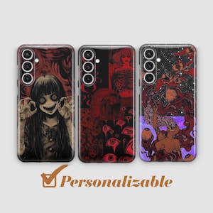 Könnte beinhalten: Drei Handyhüllen mit einzigartigen, düsteren Kunstdesigns. Die Hüllen zeigen Illustrationen eines Mädchens mit Spiralaugen, einer Ansammlung von Augen und einer Frau mit fließendem Haar. Das Wort "Personalizable" befindet sich im Bild.