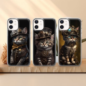 Cat Phone Case Steampunk kitten cover fit for iPhone 17 16 15 14 13 12 Pro Max Xr 7 8, Samsung S25 S24 S23 FE A16 A15 Note 20, Pixel 10 9