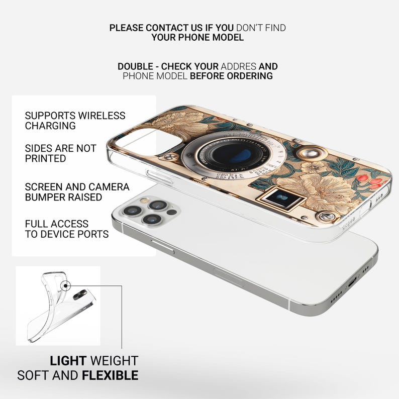 Pu&ograve; includere: Una custodia per telefono con un design di fotocamera vintage, con accenti floreali beige, marroni e rossi. La custodia &egrave; mostrata su un telefono bianco, con testo che indica il supporto per la ricarica wireless e l'accesso completo alle porte del dispositivo.