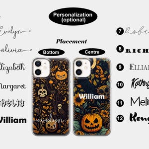 May include: Two clear phone cases with a Halloween-themed design. The design features a black background with orange pumpkins, leaves, and flowers. The text "William" is printed on one case, and the text "Evelyn" is printed on the other case.