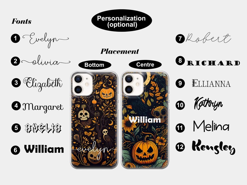 May include: Two clear phone cases with a Halloween-themed design. The design features a black background with orange pumpkins, leaves, and flowers. The text "William" is printed on one case, and the text "Evelyn" is printed on the other case.