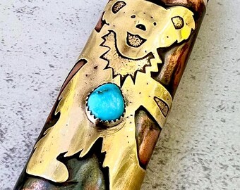 Porta accendino con orsi danzanti, turchese, accendino vintage in rame, estetica anni '60, cover per accendino fatta a mano, regalo hippie per i fan dei Grateful Dead