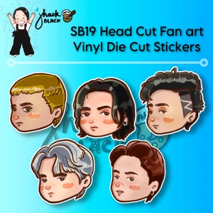 May include: Five colorful cartoon head cutouts of a boy band, each with a different hairstyle and facial expression. The text "SB19 Head Cut Fan art Vinyl Die Cut Stickers" is at the top of the image.