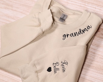 Gepersonaliseerde oma-sweater met namen van kleinkinderen op mouw, gepersonaliseerde oma-hoodie, schattige oma-outfit, Gigi Mimi Moederdagcadeaus