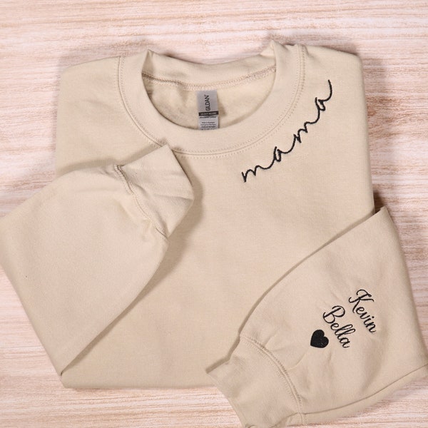 Custom Embroidered Mama Sweatshirt With Kids Names Sleeve, Personalized Mom Hoodie, Pregnancy Announcement Outfit, Mommy Mothers Day Gifts