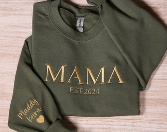 Personalized Mama Embroidered Sweatshirt, Custom Mom Embroidery Hoodie, New Mom Outfit, Pregnancy Reveal Clothing, Happy Mother's Day Gifts