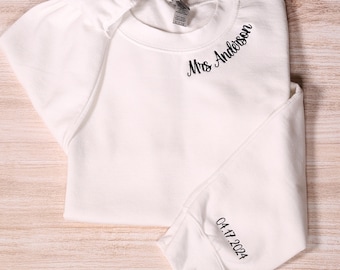Gepersonaliseerd sweatshirt mevrouw borduursel met datum op mouw, aangepaste toekomstige mevrouw hoodie, outfit bruidsfeest, verlovingscadeau, bruid als cadeau