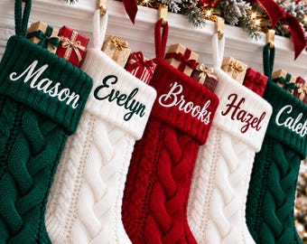 Personalized Family Christmas Stockings, Custom Name Embroidered Christmas Stocking, Xmas Family Gifts, Knitted Stockings with Name