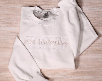 Borduurwerk gepersonaliseerde vrouw sweatshirt, aangepaste mevrouw achternaam geborduurde hoodie, bruid outfit, bruids douche kleding, verlovingscadeaus