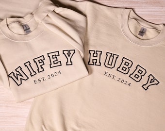 Custom Wifey & Hubby Embroidery Sweatshirt, Personalized Matching Couple Hoodie With Est Date, Newlywed Honeymoon Outfit, Anniversary Gifts