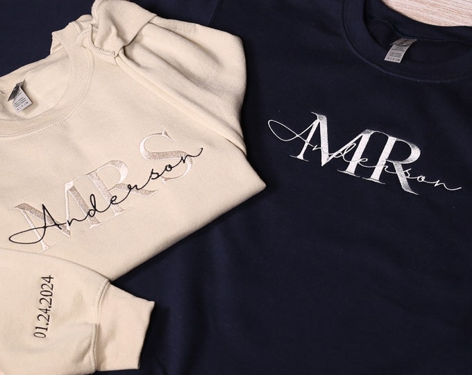 Custom Mr Mrs Embroidered Sweatshirt With Date On Sleeve, Personalized Wifey & Hubby Hoodie, Matching Couples Outfit, Bridal Shower Clothing